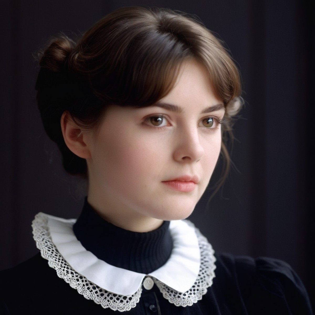 cinematic film still of  <lora:Film Stock Footage Style:1>
Cinematic Closeup of a young Victorian ruffled collar innocent ...