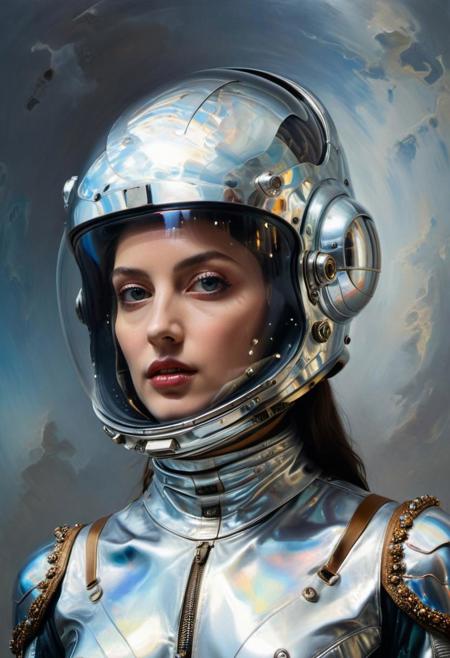(masterful but extremely beautiful:1.4), (masterpiece, best quality:1.4) , in the style of nicola samori,Futuristic portrait, a female astronaut encased in reflective silver armor::2.4, blend of hyperrealism and surrealism, shimmering holographic helmet, style of Salvador Dali, detailed, contrast of sharp shadows and vibrant lighting::1.7, neoclassical architecture background, starstudded cosmos, 8k, hyperdetailed     
closeup portrait, redhead, dramatic lighting, perfect makeup, 
<lora:add-detail-xl:1> <lora:xl_more_art-full_v1:0.5>  <lora:NicolaSamori:0.7>