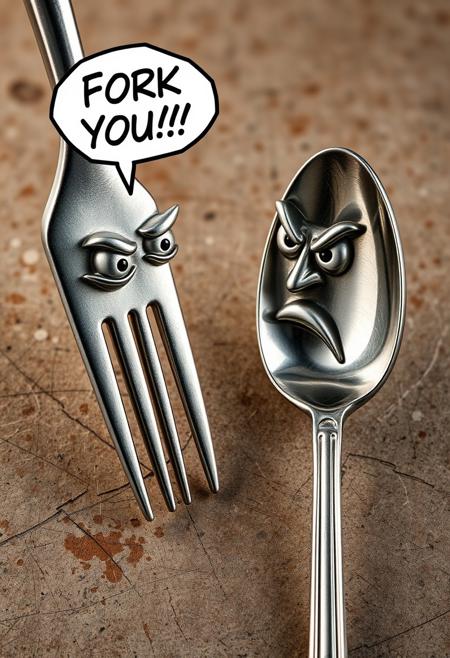 In a comical, hyper-realistic detail, a fork and spoon with metallic faces, stand face-to-face, locked in a heated argument. The fork's eyes, bulge with intensity, as it exclaims "FORK YOU!!!" in a speech bubble. The spoon's metallic face, with a shocked expression, stares back at the fork, its stainless steel body gleaming in the light. The spoon's mouth, a small metal slit, is pursed in a disapproving line, while the fork's lips, a thin metal edge, are curled into a snarl. The fork's tines are splayed, as if ready to strike, while the spoon's bowl is quivering with agitation. The surrounding surface is scratched and scuffed, suggesting a long history of utensil conflicts. Highest-Quality, 4k, intricate details, visually stunning, Masterpiece