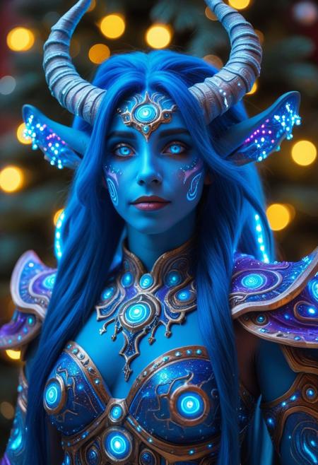 female Draenei, LED, colorful LED lights, (blue skin), portrait, solo, blue hair, serene, magical eyes, vibrant, detailed, intricate, cinematic, upper body, lips, horns, LED dress, Led stars Christmas lights on horns