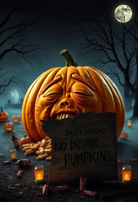 “Enormous orange pumpkin with a tired, worn-out expression, sitting on the ground as it vomits its own pumpkin guts. Empty beer bottles scattered around, as if it just had a long night of drinking. Surrounding the pumpkin are spooky Halloween elements: glowing jack-o’-lanterns, eerie fog creeping along the ground, flickering candles inside skull-shaped lanterns, and a few scattered candy wrappers. A full moon casts a dim light over the scene, with creepy shadows from nearby trees and faint ghostly figures in the distance. In front of the pumpkin, a decayed, broken wooden sign stands with deep engravings that read ‘NO DRUNK PUMPKINS,’ adding a darkly humorous touch to the eerie atmosphere.”