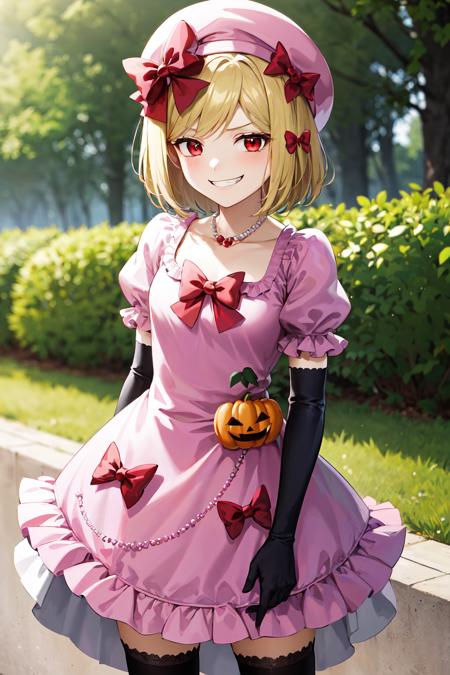 masterpiece, best quality, highres, aalamb, short hair, hair bow, red bow, beret, pink headwear, red eyes, necklace, frills, pink dress, jack-o'-lantern, puffy sleeves, elbow gloves, black gloves, <lora:lambdadelta_v1:0.7>, standing, cowboy shot, outdoors, grin, smirk,