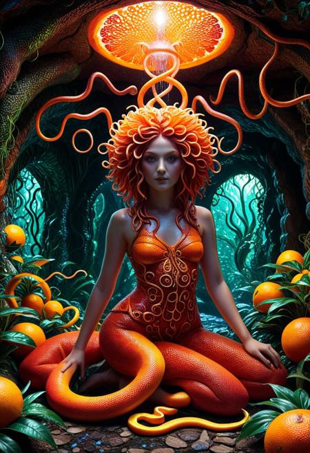 a  blood orange medusa  with wriggly snake hair  in a magical mythical setting, Cave whose walls are covered with shimmering plants, prismatic snakes, vibrant  surreal, whimsical, playful, intricate details, cinematic lighting, digital painting, trending on artstation, 8k, ultra-detailed, masterpiece, fantasy art,  mythical creatures,  magical atmosphere, ,<lora:SankeHairILL:1>, blood orange style