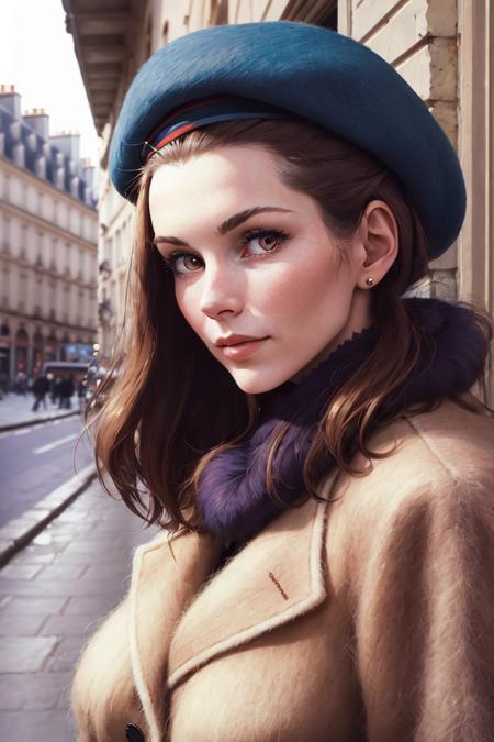 low angle of stunning 25 year old woman wearing a beret and mohair jacket in 1969 Paris, looking away from camera, portrait taken by David Lazar, portrait by Joel Santos, Portrait by Steve McCurry <lora:nucleardiff:1>