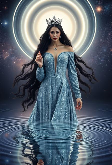 A mesmerizing full-length portrait of a 26-year-old gorgeous beauty most beautiful woman to ever live with flawless porcelain skin and long, flowing dark hair, moving like a cosmic wave in an unseen celestial breeze. Her costume is shimmery, shiny, diamond-like, her hair and skin glittering and luminous. She wears a crown on her head.
She stands upon the surface of a celestial lake, where the water reflects an entire galaxy. Above her, rings of light slowly orbit like planetary halos, casting an ethereal glow on the scene. As she lightly touches the lake with her fingertip, a ripple spreads, distorting the cosmic reflection in mesmerizing waves. Sci-fi, scifi, fantasy, goddess, empress, celestial being, god