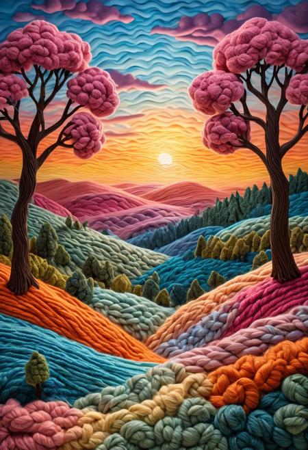 A surreal landscape made entirely of colorful yarn and wool. Rolling hills are made of intricately woven fibers, while trees have soft, knitted branches. The sky is a gradient of pastel threads, with clouds appearing as fluffy, crocheted tufts. The scene is rich in texture, with individual strands of yarn visible, adding depth and warmth. The lighting is soft and dreamlike, creating a cozy yet otherworldly atmosphere.