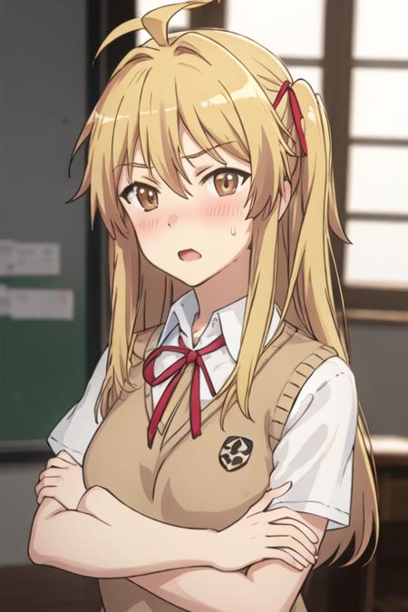 kagayama_kaede_nonnonbiyori blonde_hair, long_hair, brown_eyes, ahoge