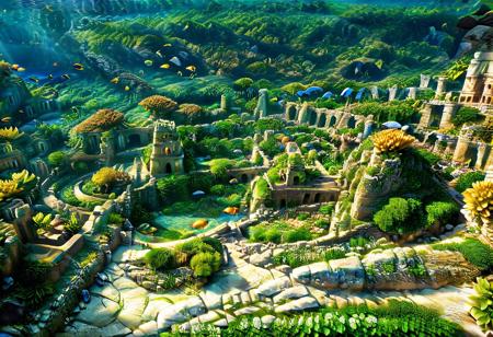 underwater scene, ancient ruins of a civilization, diagonal god rays, coral structures, stone buildings, colorful fish, lost civilization ruins, sea creatures in underwater gardens, soft glow, filtered surface light, atlantis, concentric islands, otherworldly metropolis, utopian society, lush vegetation engulfing ancient ruins, (masterpiece, incredible detail, ultra high detail:1.1), Hyperdetailed, vivid colors, modern era photograph, 8k Ultra HD, perfect composition, soft natural volumetric cinematic light, (photorealism:1.1), idealized American city, plazas, modern era photograph, skyscrapers, monumental architecture, atlantis, concentric islands, otherworldly metropolis, utopian society, lush vegetation engulfing ancient ruins, George Bellows