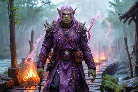 bioluminescent, an orc storyteller with green skin, wearing a fur robe, speaking to a group of orcs, solo, from the Nightstalker Clan, with black leather armor and stealth markings, an orc river crossing with a wooden bridge, flowing water, orcs guarding, detailed background, carrying loot, holding a sack, determined, furrowed brow, environment focus, wide shot, a hunting expedition with orcs tracking, worgs running, forest rustling, a leather whip, nearby, on a stone path, rough texture, foggy, thick mist swirling, dim visibility, dusk, deep orange and purple tones, fading light, cool breeze, best quality, vibrant colors, realistic style, high detail, high-definition, hyper-realistic, extremely high-resolution details, fine texture, incredibly lifelike, realistic, not cartoon, not drawing, highres, 4K resolution, source photo, realistic photo, masterpiece, best quality, amazing quality, very aesthetic, ultra-detailed, detailed textures, natural lighting, soft light, swamp green tones, murky greens and browns, dusk light, deep orange and purple glow, close-up shot, <lora:Mystic_Lumina_r1-000007:0.9>