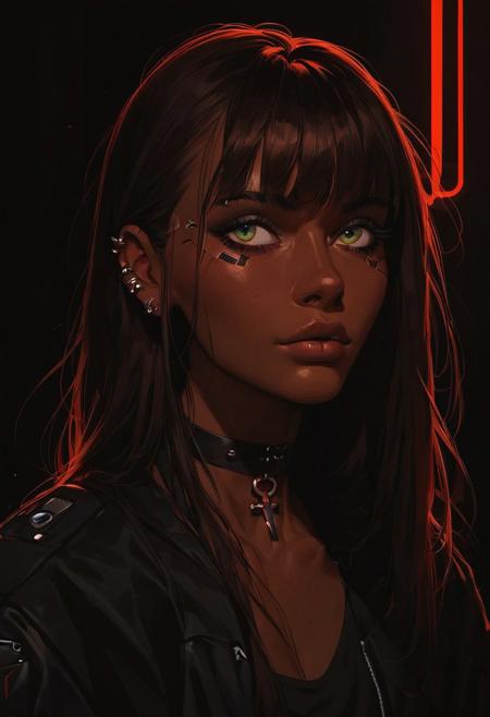 score_9, score_8_up, score_8_up, 1 Indian girl, dark-skinned girl, cyberpunk, brown hair, ((long hair)), ((bangs)), straight hair, piercings, choker, portrait, ((streetwear)), average tits, teardrop shaped tits, fit body, thin waists, beautiful, night neon lighting, negative_hand, g0thicPXL, GTA