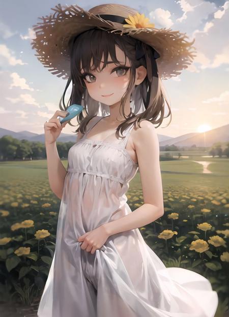 masterpiece, 1girl, highres,<lora:jtveemo-23:1> jtveemo,
cowboy shot, detailed background, detailed shadows, outdoors, smile, looking at viewer, long dress, straw hat, sunset, flower field,