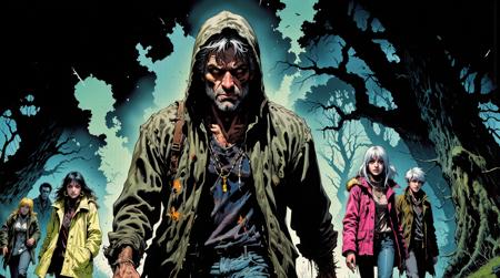 A rough-edged 21-year-old man in a worn dark gray thrift hoodie, faded black thermal, and torn jeans leads four rich teens into a dark November forest. He walks ahead, smirking. The teens trail behind: Olivia in a cream faux fur jacket and gold hoops; Zara in a neon pink puffer and rhinestone beanie; Brooke in a gray plaid trench with a platinum bob; Chase in an olive green designer parka and gold chain. Cold breath mists the air. Trees loom with unnatural angles. Horror comic graphic novel style, deep shadows, gritty linework.