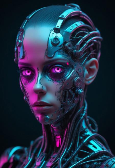 biomechanical girl with a cyberpunk appearance with metal pieces on her face and body, with a glass appearance and very vivid neon-type colors, deep gaze, very stylized and feminine, big eyes, no hair