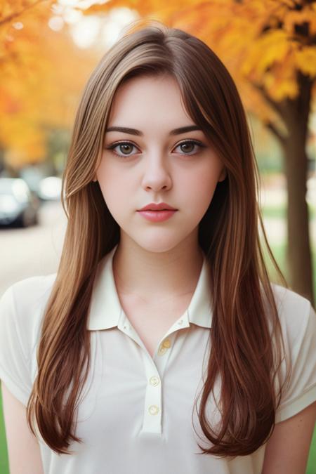 award winning medium shot color photograph of  20 years old woman ImogenD, white polo shirt, autumn, falling hair, hyper realistic photograph, detailed collarbones, detailed face, body shot, perfect proportions, face in frame, film grain, Eye contact, Kodak portra 800, f1.8, --ar 2:3 --beta --upbeta