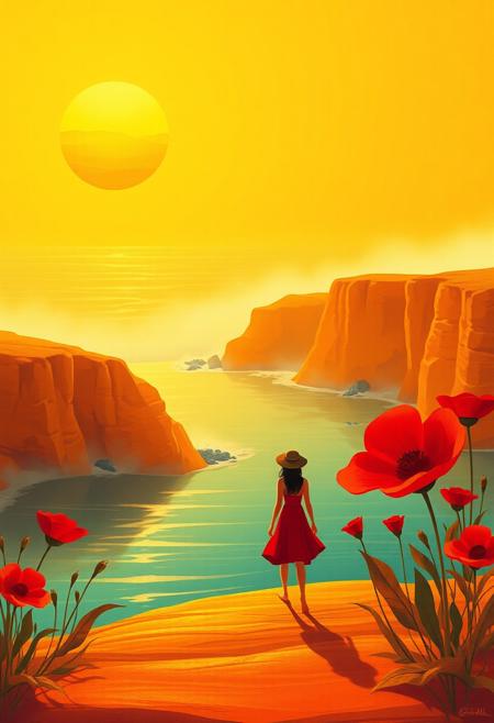 A coastal dreamscape bathed in golden light, with mist rolling over brightly colored cliffs and flat stylized figures walking barefoot among oversized crimson flowers. The water appears smooth like glass, reflecting abstract sun motifs in the sky. Elements feel both spiritual and decorative. vivid style, painterly medium, stylized realism, warm sunset light