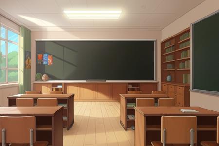 anime, classroom interior, white board, wood desk, posters on the wall, large window, shelves with books and statues, sci-fi, 8k, uhd, masterpiece, highest quality