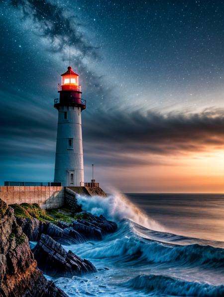 lighthouse near the sea , waves hitting rocks ,night, fog, dark atmosphere , high quality,  <lora:add_detail:1>