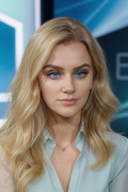 3v4vl44r, portrait, facial focus, blonde, perfect face, stunning eyes, interview on a daytime news tv show, in a stunning blouse, serious discussion, behind the scenes