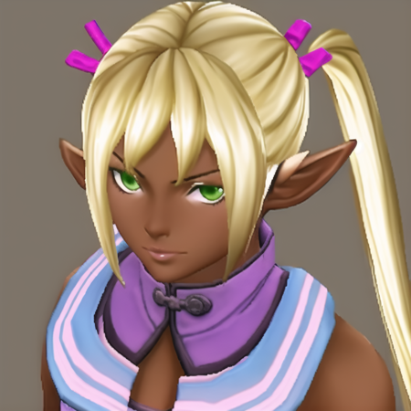 Laya, beastgirl, dark skin, pointy ears, blonde hair, twintails, purple hairclips, green eyes, arm tattoo, bare shoulders, purple fingerless gloves, collared top, top cutout, sleeveless open robe, cross clasp, midriff, navel, wide pants, double belt, shoes