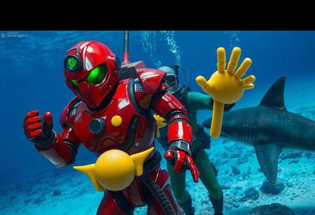 "A hyperdetailed cinematic underwater scene featuring three dynamic characters. In the foreground, a vibrant red Aqua Armor Ninja robot stands out, equipped with a large headlight and a smaller one on its chest, exuding readiness for an underwater adventure. It holds a yellow Cannonball Spear Shellfish, adding a playful element. In the middle, a scuba diver in a green wetsuit mirrors the robot’s action, also holding a yellow Cannonball Spear Shellfish, creating balance and focus. In the background, a grimdark Spider Shark swims, adding movement and dynamism to the scene. The blue watercolor Deep Sea backdrop provides a realistic underwater setting, enhancing the visual appeal. Rendered in Octane and Unreal Engine 5, with 4K resolution, lifelike details, sharp lines, and stunning, harmonious colors. The composition is impeccable, with captivating lighting, balanced editing, and a creative angle, trending on ArtStation, CGSociety, and ArtStationHQ. Inspired by the styles of Raphael, Houdini, and Grammer Effect, with vivid emotions and a powerful message. The scene evokes a playful yet adventurous underwater narrative, showcasing handcrafted precision and a sense of imaginative storytelling."