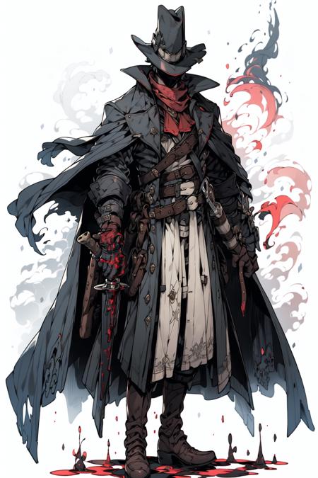 <lora:Bloodborne:1>solo, simple_background, hat, gloves, 1boy, white_background, holding, standing, full_body, weapon, male_focus, boots, black_gloves, belt, sword, cape, holding_weapon, black_footwear, coat, torn_clothes, black_headwear, blood, sheath, black_coat, top_hat, black_cape, blood_on_clothes, blood_splatter, torn_cape