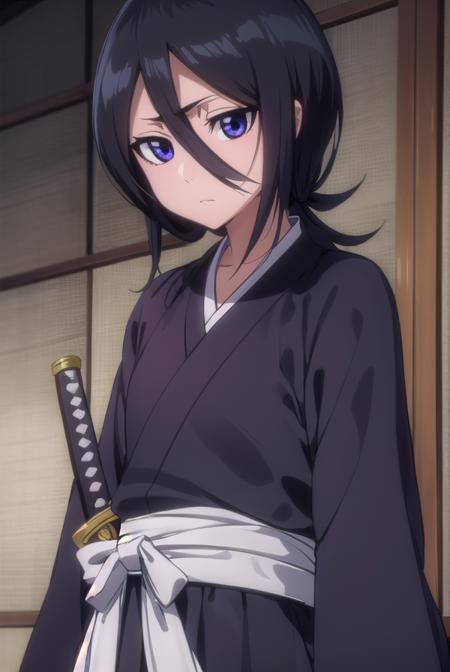 rukia kuchiki, default rukia, black hair, hair between eyes, (purple eyes:1.1), rukia kuchiki, shorthair rukia, short hair, black hair, hair between eyes, (purple eyes:1.1), weapon, japanese clothes, sword, kimono, katana, sheath, hakama, black kimono, long sleeves, wide sleeves,