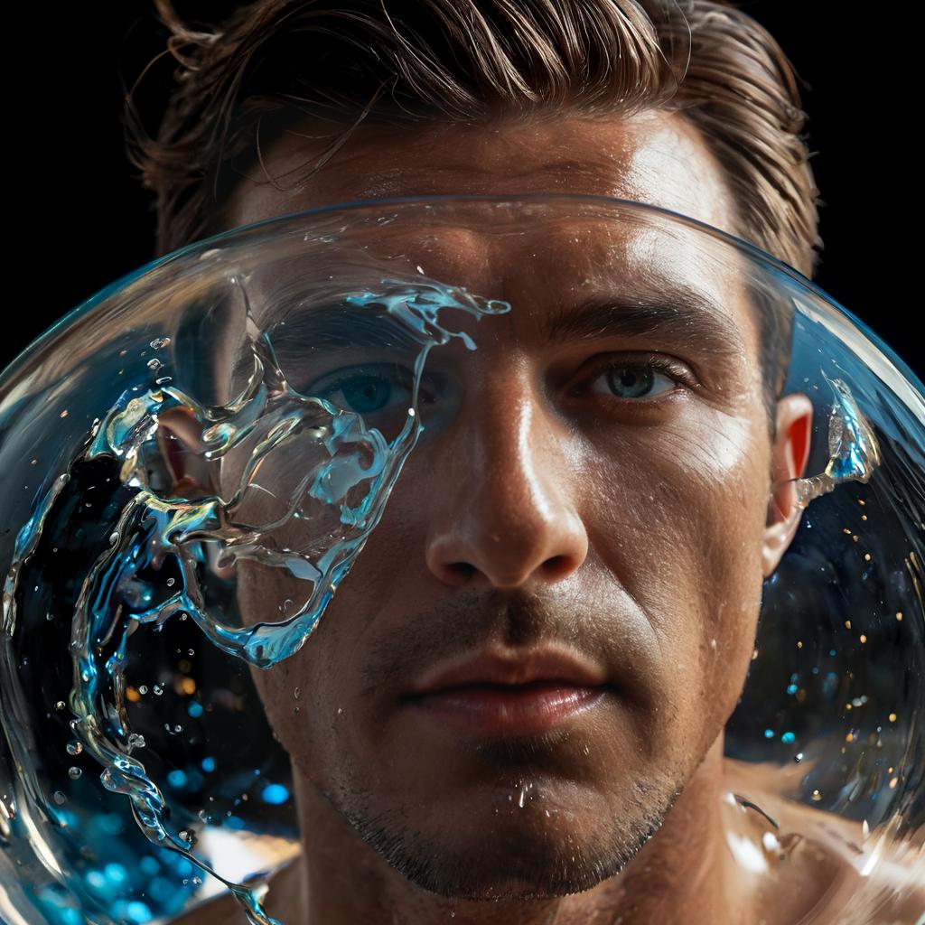 long shot scenic professional photograph of A hyperrealistic portrait of a man whose body is composed of constantly shifting liquid glass, his skin flowing and reforming into intricate, glowing patterns as it moves. His face is partially visible through the glass, but large sections are melting and reforming in real-time. His eyes are glowing orbs of liquid light, and his hair is made of flowing, molten glass that drips and reforms as it moves. Behind him, the background is a surreal, glowing landscape of flowing glass rivers and crystalline mountains, all reflecting and refracting the light in a dazzling array of colors., perfect viewpoint, highly detailed, wide-angle lens, hyper realistic, with dramatic sky, polarizing filter, natural lighting, vivid colors, everything in sharp focus, HDR, UHD, 64K