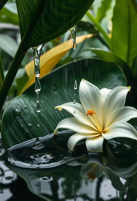 Cinematic photography, rainwater pooling in hollow of tropical leaf resembling body curve, droplets sliding down like sweat, oversized Lily flower floating in water, setting: steamy greenhouse at downpour, mood: primal release, lighting: raindrop-refracted jungle light, color theme: emerald and creamy white, camera: ARRI Alexa Mini