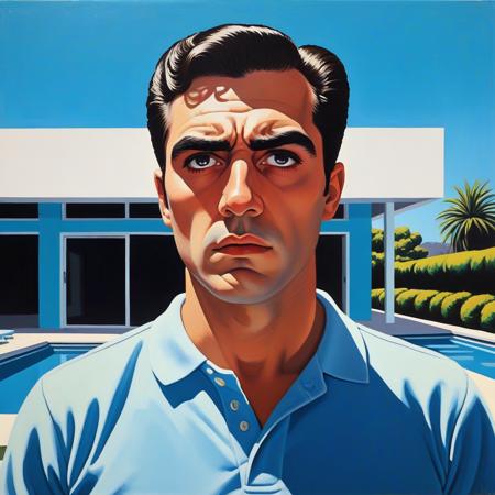 devastatingly handsome Miami blood spatter analyst in a polo shirt, thick dark eyebrows, close-set eyes with thick lashes, bedroom eyes that are completely empty and soulless, European nose, angular face with square jaw, perfect proportions, standing and looking directly at viewer with intense Kubrick stare, head tilted slightly down while eyes look up, unsettling fixed gaze with no emotion behind the eyes, handsome facade masking complete emptiness,, vibrant acrylic painting style, bold flat colors, clean geometric compositions, bright California sunlight, crisp shadows, modernist architecture, swimming pool blue tones, perfectly manicured landscapes, mid-century modern aesthetic, saturated color palette, smooth gradients, minimal detail work, contemporary pop art influence, architectural precision, optimistic 1960s atmosphere,