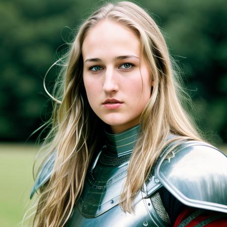 RAW photo, a close up portrait photo of leelee sobieski in plate armor, long haircut, pale skin, slim body, background is field, (high detailed skin:1.2), 8k uhd, dslr, soft lighting, high quality, film grain, Fujifilm XT3 <lora:leelee sobieski v1.0:0.7>