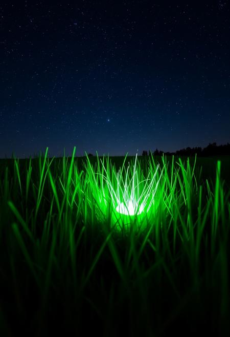 a meadow by starry night with a fluorescent green light emerging from grass in the middle