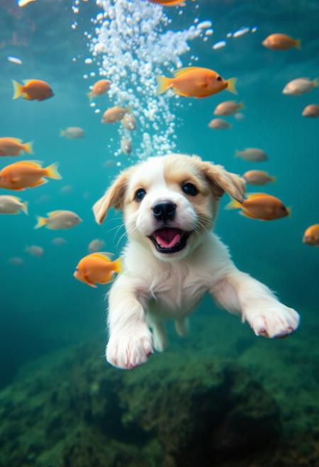 puppy swimming with fishes underwater