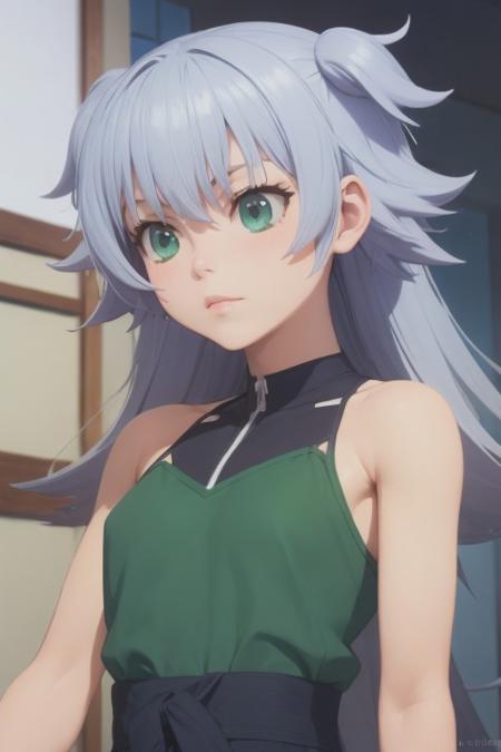 Sora tenkūji, gray hair, green eyes, bangs, messy hair, slim waist, slim body, small breast