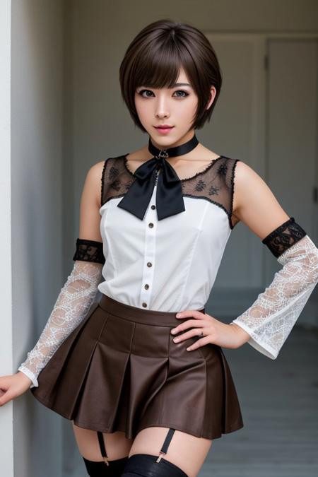 crossdresser otoko no ko, yellow eyes, short hair, 1boy, bodycon dress, detached sleeves, :3, happy, brown hair, bow, choker, ribbon, bangs, brown eyes, skirt, thighhighs, ample soft thighs, skirt lift, masterpiece, best quality, ultra detailed, hyper detailed, intricately detailed, 4k resolution, sharp image, nsfw