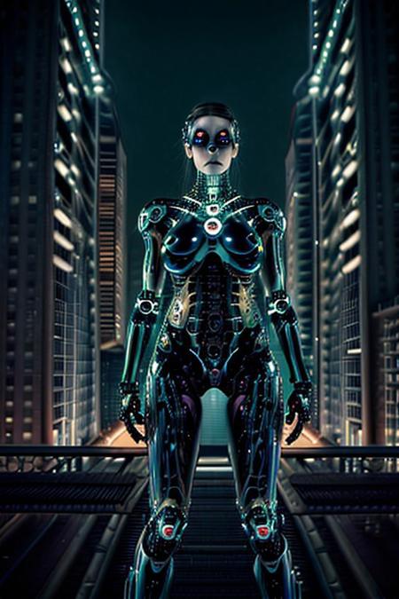 A feminine humanoid AI with expressive eyes gazes at a futuristic city skyline from a high balcony. The city below is alive with glowing vehicles, towering skyscrapers, and interactive billboards. A soft wind moves through her minimalistic attire, face close ip,