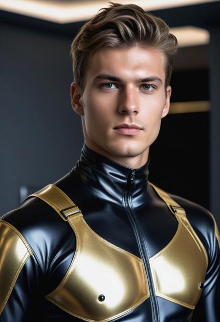 two strong 24-year-old german hunk males, with a side fringe curtains hairstyle, detailed face, dominant expressions, wearing a skin tight black latex futuristic suits with silver and gold latex details, wearing skin tight black latex jockstraps, standing at attention posture,  on a modern living room, looking to the camera, detailed face,  inside a office, professional photography, shot on sony a 7RIII , looking to the camera,  detailed skin face and eyes, natural lighting ,  film grain, low contrast, natural face,  dark circles under eyes