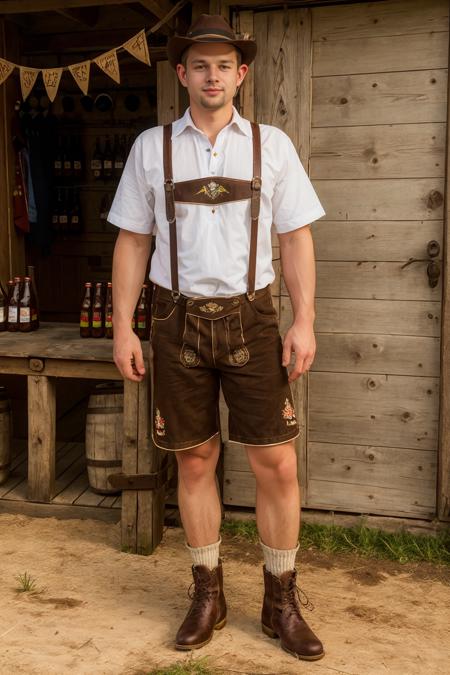 fall festival, PetoMohac dressed in folk Slovak men's clothing, l3denh0sen, suspenders, shorts, hat, Slovak shirt, boots, holding beer, ((full body portrait)), wide angle <lora:PetoMohac-000008:0.8> <lora:Clothing - Sexy Ledenhosen:0.6>