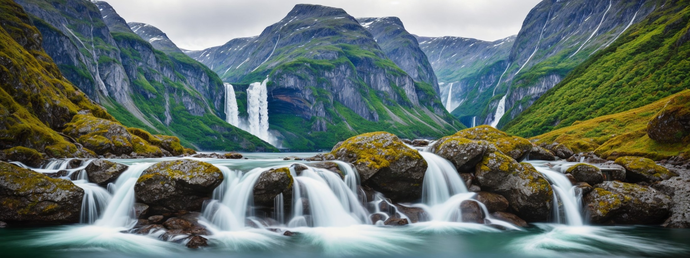 (photorealistic 8k RAW photo),of an amazing breath taking norwegian fjord landscape with waterfalls, (no human), (no_build...