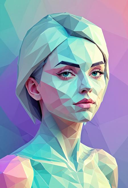 , polygon style, low-poly female portrait, sharp facial planes, angular beauty, stylized lighting, abstract polygonal background, geometric mosaic, clean pastel palette