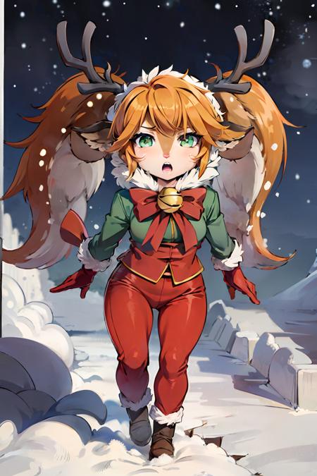 2d, masterpiece, best quality, anime, highly detailed face, perfect lighting, 1girl, antlers, animal ears, green eyes, furry, twintails, bell, red bow,  tail, <lora:snowfawn_poppy_lora_1-10:0.9>, winter, snow, full body, red pants,