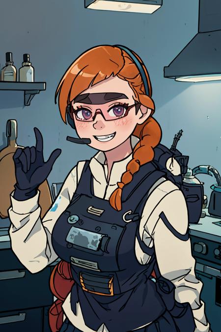 (masterpiece, best quality:1.2),   <lora:lis_(battlefield_2042):.9>, lis (battlefield 2042), solo, gloves, orange hair, headset, military, 1girl, uniform, holster, breasts, large breasts, goggles, bulletproof vest, braid, tinted eyewear, single braid, sunglasses, smile, looking at viewer, indoors, grin, shiny skin, cowboy shot, shiny, leaning forward, hand up, arm support, kitchen