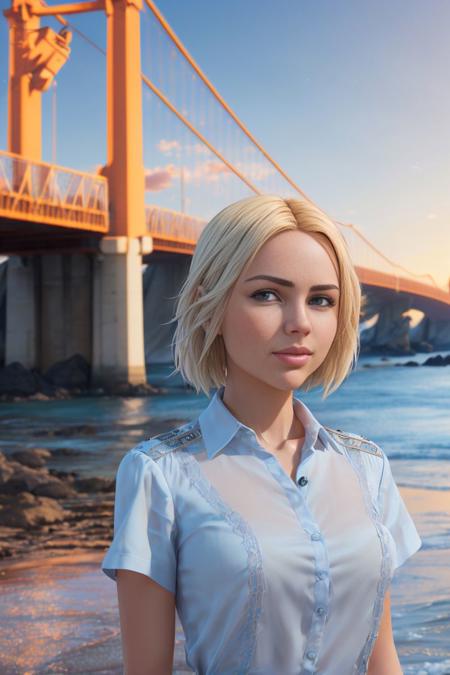 a photo of a hot S071_LikaStar, on a (big-bridge), wearing a (blue-shirt), sunset, (8k, RAW photo, best quality, DOF, ultra high res:1.2), (absurdres, intricate, photorealistic, masterpiece, ultra-detailed, Unreal Engine:1.3)