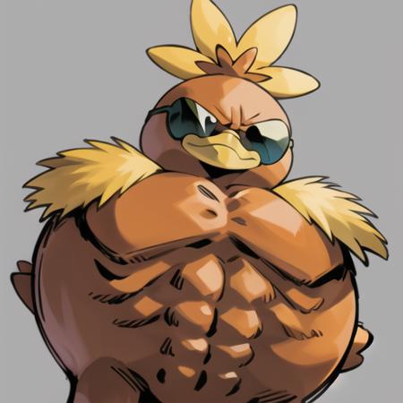 swole torchic, solo, smirk,  (sunglasses:1.2), masterpiece, high quality, no humans. (grey background, simple background:1.2), (close-up)
<lora:torchic-09:1>