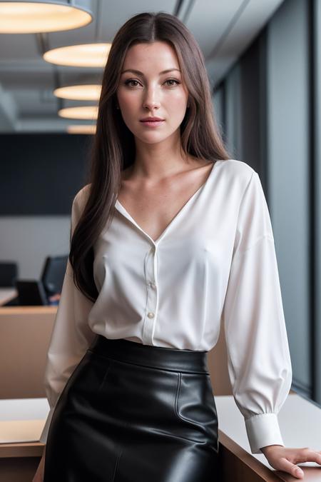 JaneS_SoloTI_v1,
(A chic pencil skirt in a sophisticated hue, paired with a crisp blouse for a professional yet elegant ensemble:1.1), ((In a sleek office lobby, surrounded by sleek furniture and the soft glow of modern lighting:1.2)), (seductive), photorealistic, masterpiece, high quality, artistic, unique, award winning photograph, professional, 8k, RAW photo, best quality,flattering, (cinematic:1.3) shallow DOF, depth of field,sharp focus,
 epiCPhoto, PA7_Portrait-MCU,