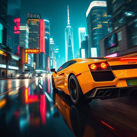 A cinematic close view shot of the lamborghini galardo  speeding down a neon-lit street at night, reflecting the bright, colorful lights from surrounding skyscrapers, with rain-slicked roads creating a mirror effect of the car’s sleek yelow body. The glowing cyberpunk city skyline in the background enhances the futuristic vibe of this intense race scene.