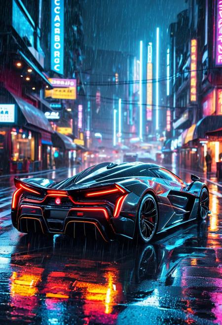 a forged carbon hypercar parked under neon lights in a rainy futuristic city, rain reflections on wet asphalt, colorful light trails, dramatic depth of field, cinematic lighting, lens flares, hyperreal details, ultra sharp focus
