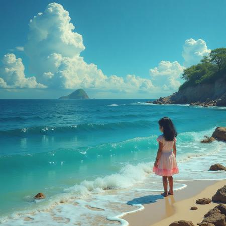 a surreal dreamlike sea with a girl on the seaside.