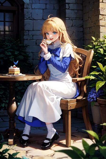 masterpiece, best quality, solo, (fantasy setting, medieval times:1.5), (beautiful garden, plants, trees, garden table, sitting in garden chair, eating cake:1.3), <lora:TalesWeaver_TichielJuspian_v1-000168:0.9>, smiling, (cute  birds:1.5), blonde hair, blunt bangs, ahoge, twin braids, (very long hair:1.5), (white dress over blue dress, blue hem:1.25), apron, white cuffs, long sleeves, short over long sleeves, kneehighs, white socks, (black footwear:1.2), mary janes, birds, blue eyes, blue bow,