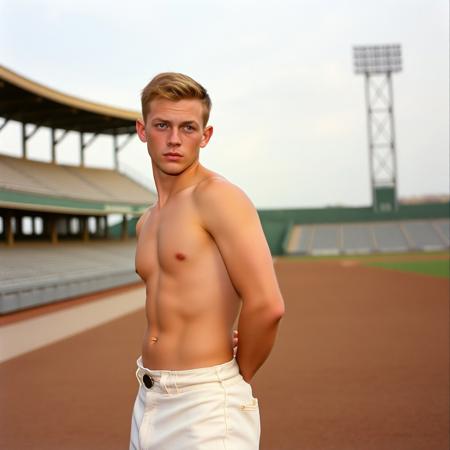 High detailed realistic photograph. One handsome young man, early in his mid 20's, he is fit, short in stature. clean shaven, with short cut natural orange hair, dark green eyes, He is shirtless with tight six pack abs. wearing a pair of ((white 1950's baseball pants)) he is oriented towards the camera but his head is looking off to the right. Set in the middle of an (((empty)) baseball park) in Midwest United States 1953. Photo taken on film with a 1953 brownie camera at medium close range.