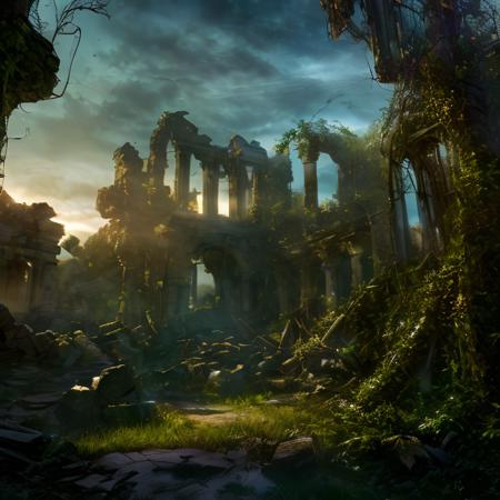 (masterpiece:1.2), (best quality,:1.2), 8k, HDR, ultra detailed, ((photorealistic)), professional light, cinematic lighting, fashion photography, ambient lighting,<lora:detail_slider_v4:3>, overgrown ruins of a settlement on the plains of a magical fantasy world, FanRu <lora:FantasyRuins-10:1>, ((perfect hands)), epiCPhoto